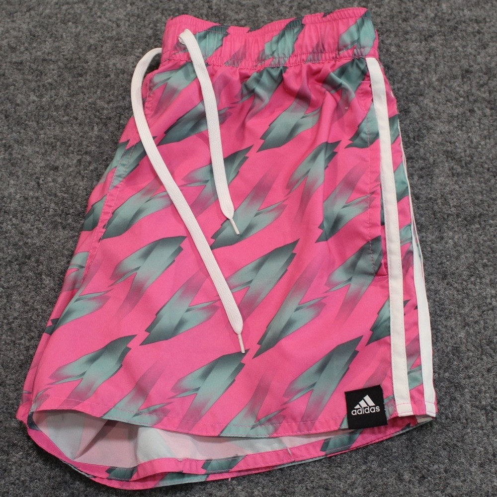 Adidas Primegreen Swim Shorts Mens Small Pink‎ Abstract Print 3-Stripe Trunks